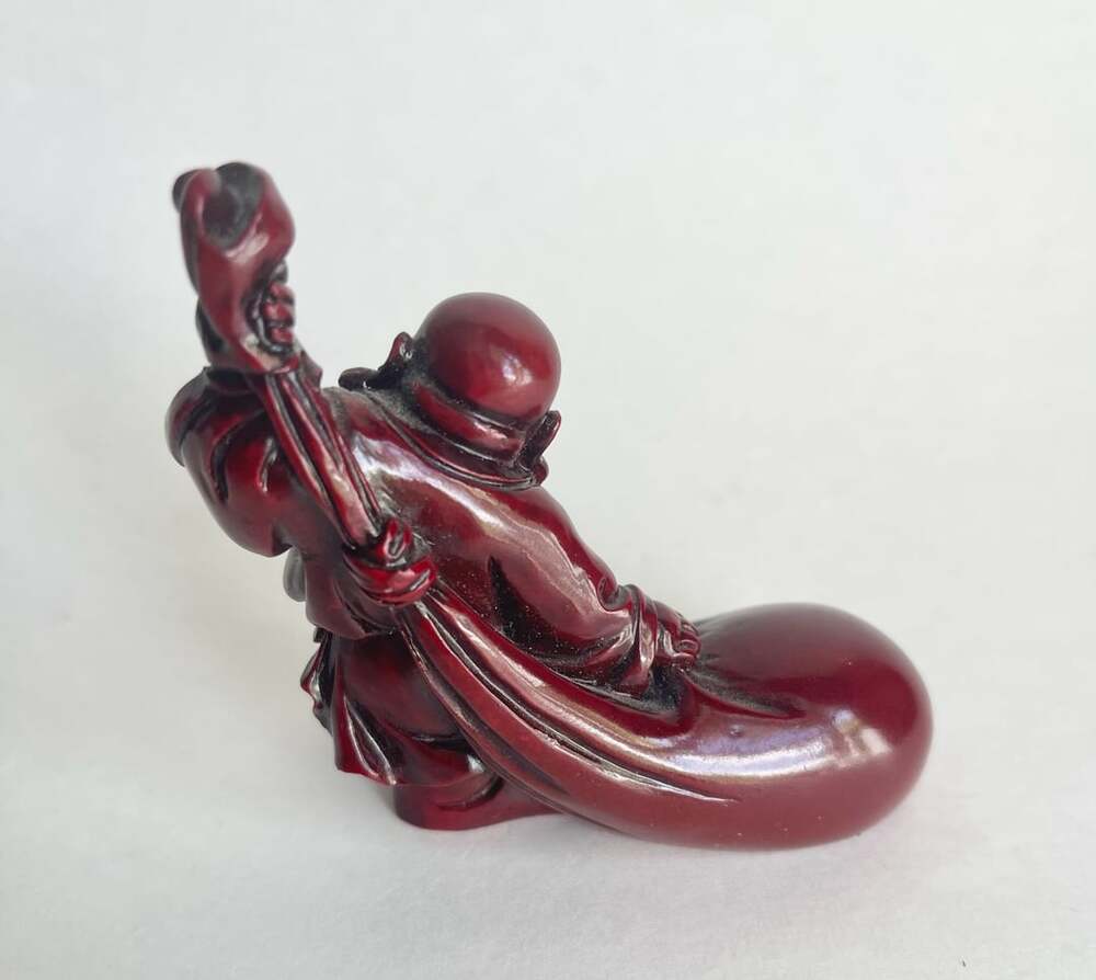 Red Resin Laughing Buddha Statue Figurine Traveling Bag Feng Shui Decor